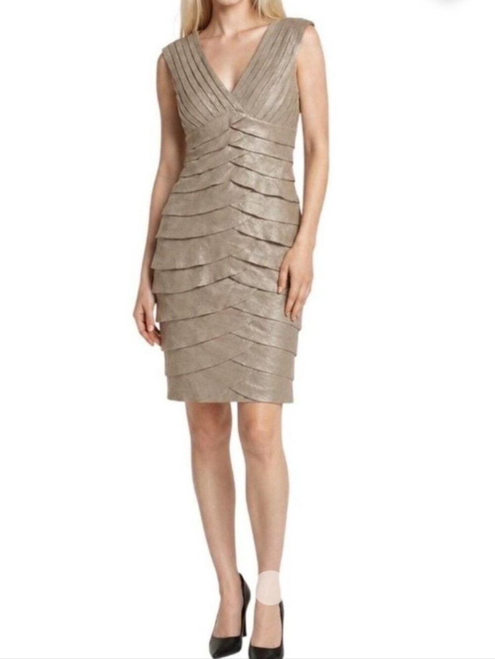 Aidan Mattox Sleeveless V-Neck Tiered Shift Dress in Shimmery Champagne.Glamour